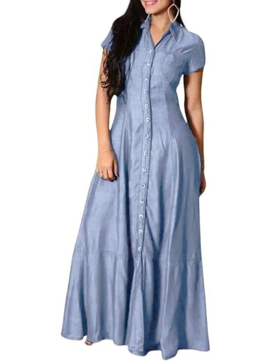 Dresses & Skirts - Women's Light Blue Short Sleeve Denim Maxi Dress Casual Loose Fit Button Down